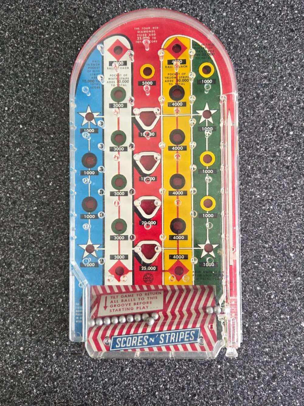Marx "Scores N' Stripes" Bagatelle Tabletop Handheld Pinball Game 1950s/1960s